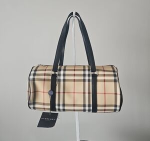 Burberry Beige Check Duffel with Black Trim and Red Accents
